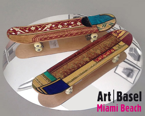 Mounir Fatmi 在迈阿密UNTITLED艺术博览会上裹着印度地毯的滑板